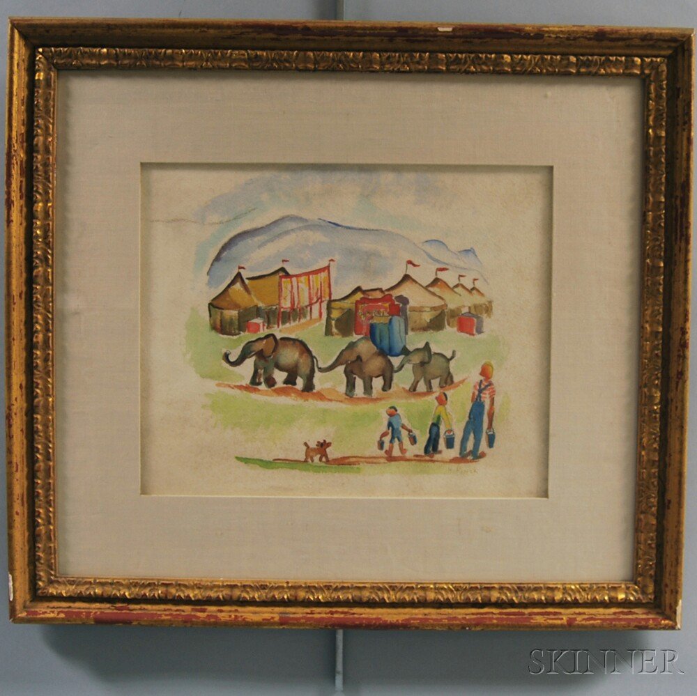 Hazel Finck (American, 1894-1977) The Circus Elephants.: Hazel Finck (American, 1894-1977) The Circus Elephants. Signed "H. Finck" l.r. Watercolor on paper, sight size 11 x 13 1/4 in., in a Guido frame. Condition: Foxing, not examined out of frame.
