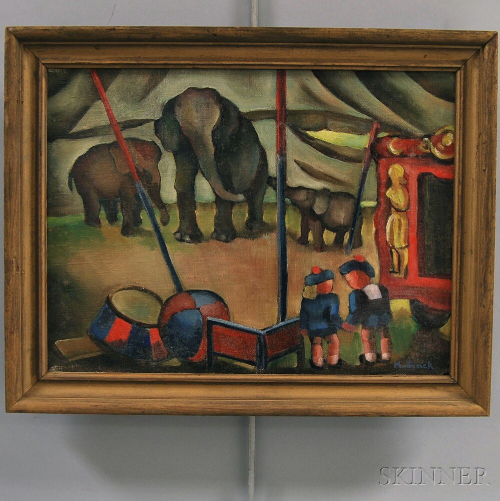 Hazel Finck (American, 1894-1977) Who's Afraid, 1946. I: Hazel Finck (American, 1894-1977) Who's Afraid, 1946. Identified, dated, and titled "#III...Natl Assoc Women Artist Argent 1947" on a plain label affixed to the back of the stretcher. Oil on canvas