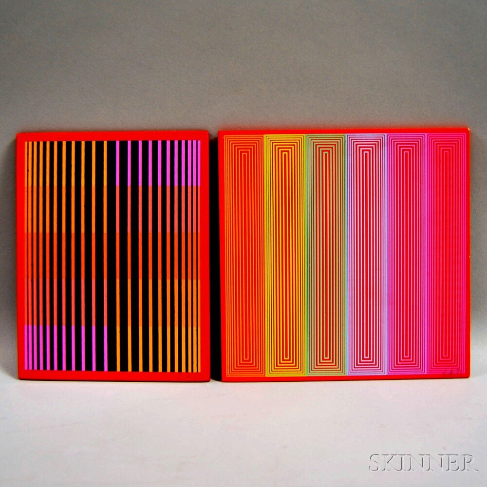 Richard Anuszkiewicz (American, b. 1930) Two Abstract W: Richard Anuszkiewicz (American, b. 1930) Two Abstract Works. Both signed and dated "R.A...." in pencil l.r. Silkscreens on Masonite, sizes to 7 x 7 in., unframed. Condition: Good. Pr