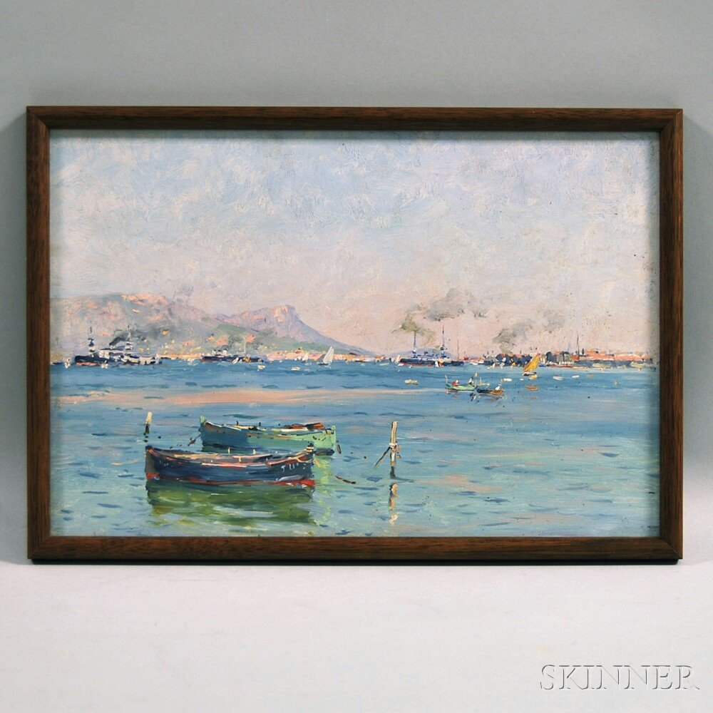 Continental School, 20th Century Neapolitan Harbor. Uns: Continental School, 20th Century Neapolitan Harbor. Unsigned. Oil on panel, 10 1/2 x 15 1/2 in., framed. Condition: Surface grime, slight surface abrasion l.r.