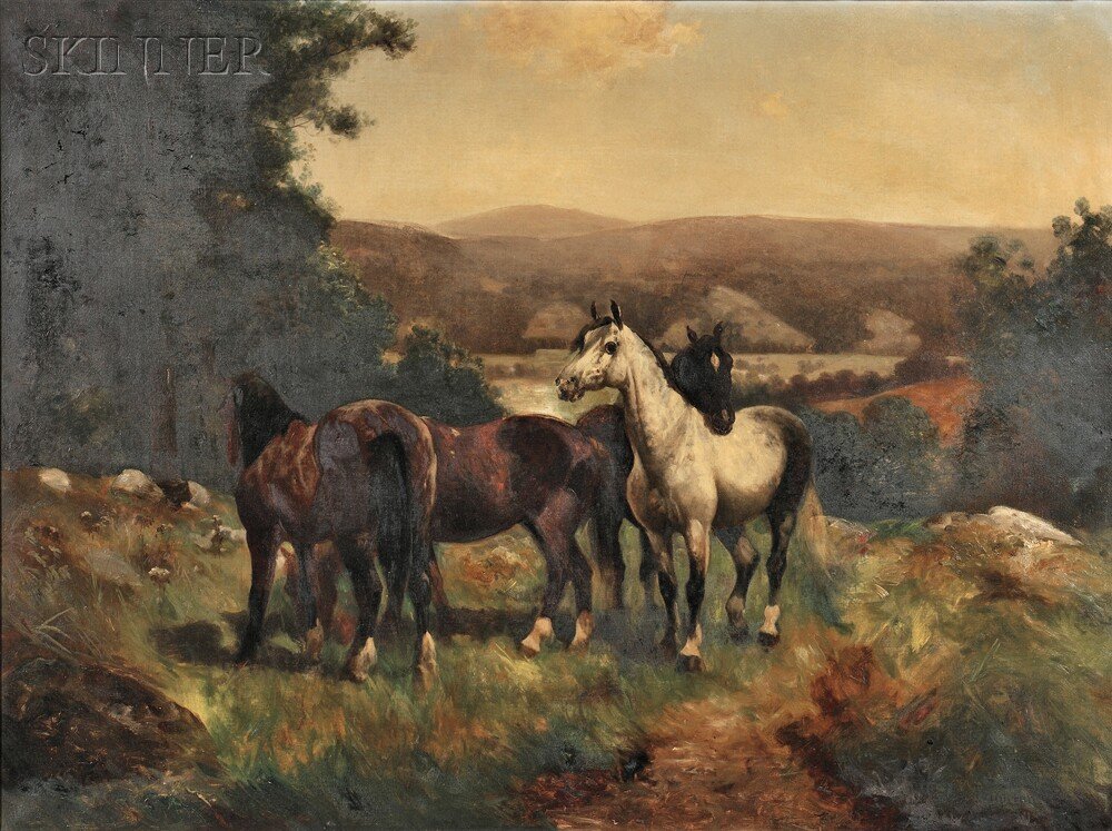 Scott (Nicholas Winfield) Leighton (American, 1849-1898: Scott (Nicholas Winfield) Leighton (American, 1849-1898) Horses Signed "Scott Leighton" l.r. Oil on canvas, 30 x 40 in. (76.2 x 101.6 cm), framed. Condition: Retouch, surface grime.