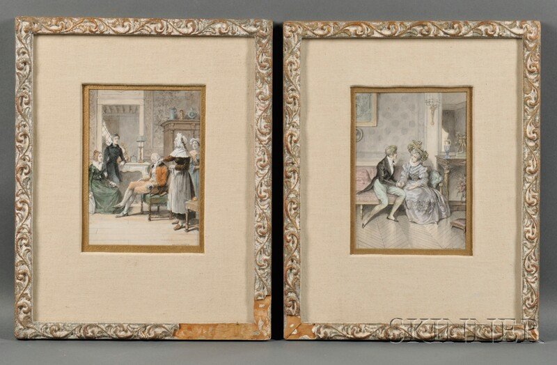 Adrien Moreau (French, 1843-1906), Two Interior Genre S: Adrien Moreau (French, 1843-1906) Two Interior Genre Scenes Both signed "Adrien Moreau" l.r. Watercolor on paper/board, sight sizes 9 1/2 x 6 3/4 in., framed. Condition: Not examined out of frames.