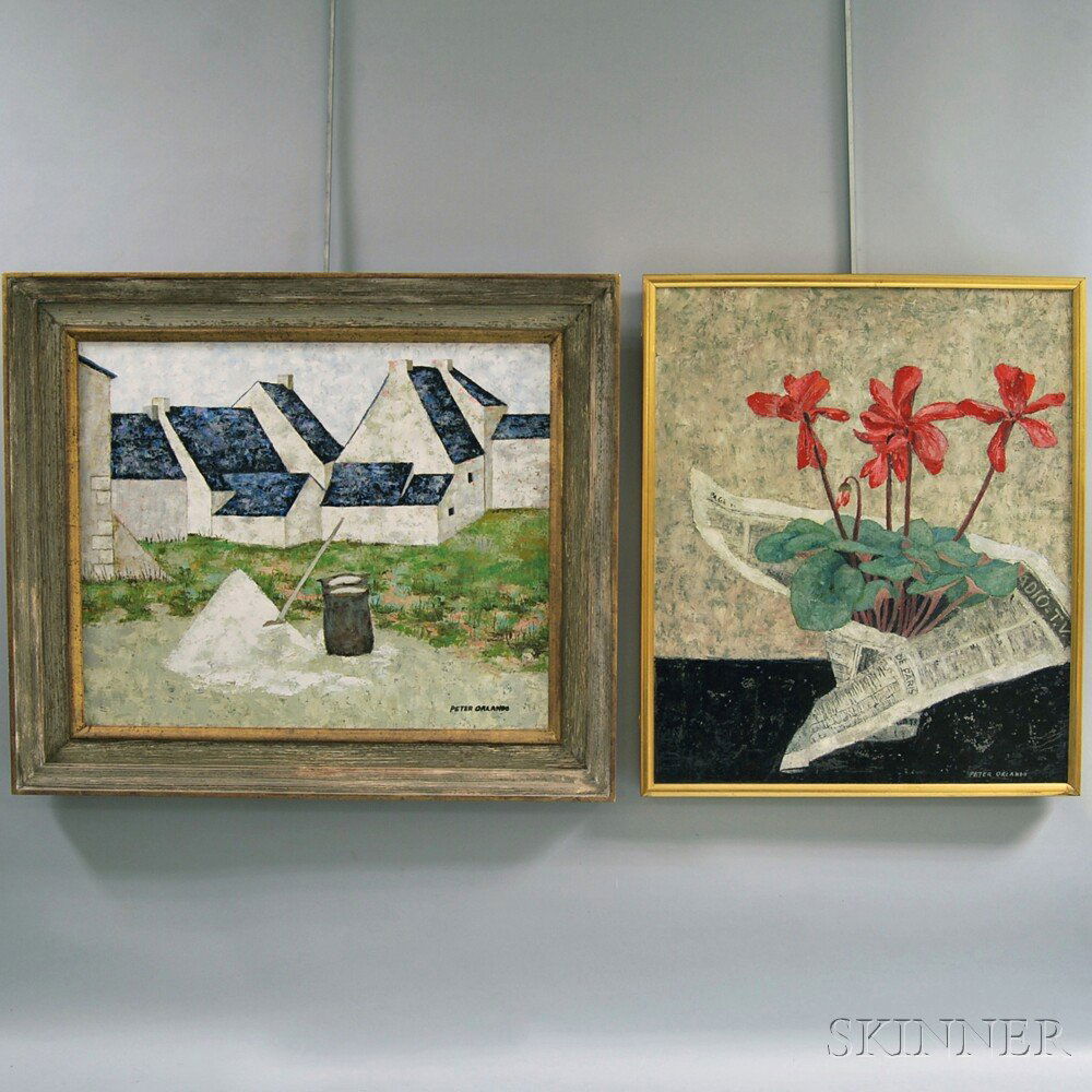 Peter Orlando (French, b. 1921) Two Works: Cyclamen and: Peter Orlando (French, b. 1921) Two Works: Cyclamen and Houses. Both signed l.r. Oil on canvas, sizes to 19 1/2 x 23 1/2 in., framed. Condition: Surface grime, slight craquelure.