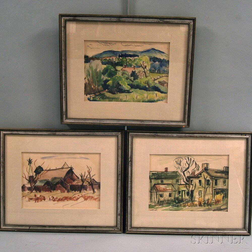 Hazel Finck (American, 1894-1977) Three Farm and House: Hazel Finck (American, 1894-1977) Three Farm and House Views. Signed "H. Finck" l.r. Watercolors on paper, sight sizes 8 x 11 1/4 in., framed. Condition: Not examined out of frames.