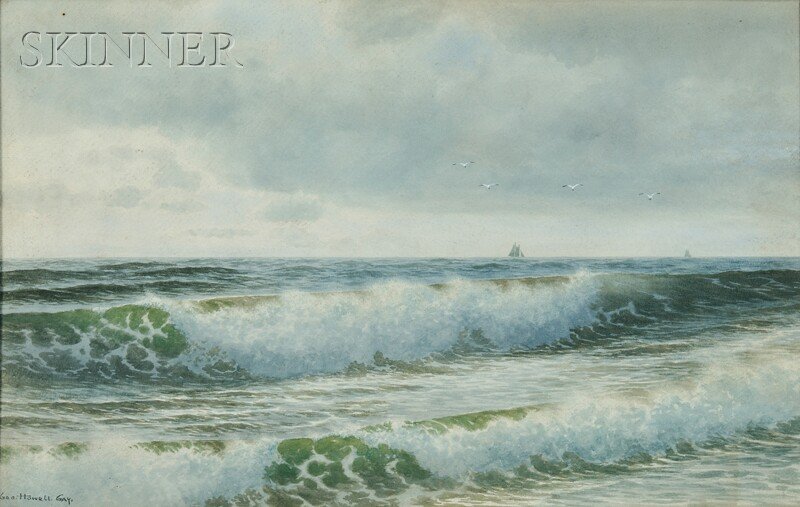 George Howell Gay (American, 1858-1931), Rolling Surf,: George Howell Gay (American, 1858-1931) Rolling Surf Signed "Geo. HOWELL GAY." l.l., with a label from L.A. Bigelow, Inc., Boston, affixed to the backing. Watercolor on paper, sheet size 14 x 22 in., 