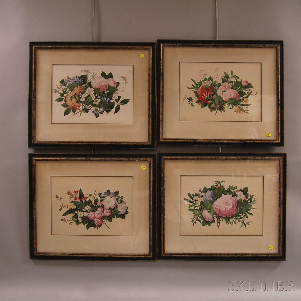 Continental School, 19th Century, Four Framed Floral Wa: Continental School, 19th Century Four Framed Floral Watercolors. Unsigned. Watercolor on J. Whatman Turkey Mill paper, sheet size 12 7/8 x 16 5/8 in. Condition: Scattered foxing and staining, sheets l