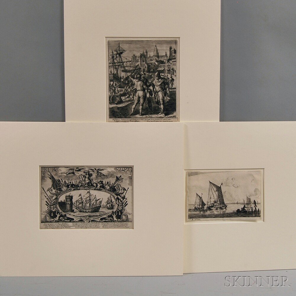 Three Unframed Old Master Prints: Reinier Nooms, called: Three Unframed Old Master Prints: Reinier Nooms, called Zeeman (Dutch, 1623-1667) A Coastal Scene; Willem Outgertsz Akersloot (Dutch, 1600-1661), The Capture of Damietta, c.1628, after Jan Philip