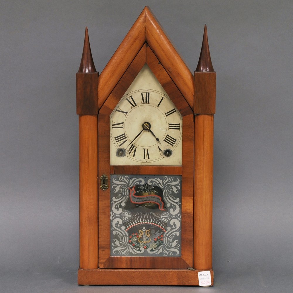 Terry & Andrews Steeple Clock, Bristol, Connecticut, wi: Terry & Andrews Steeple Clock, Bristol, Connecticut, with Roman numeral painted dial, eight-day, time and strike brass spring-powered movement, label inside reading in part Patent Spring Brass Eight D
