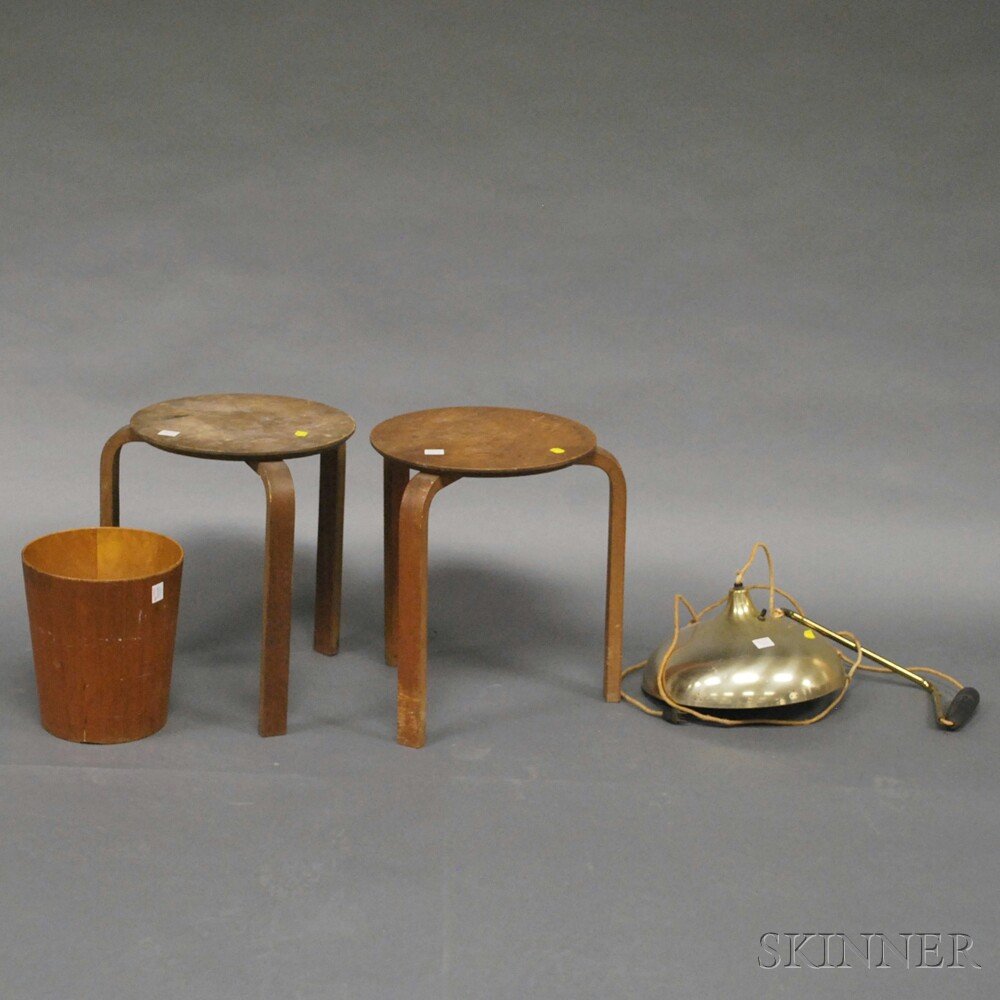 Group of Scandinavian Mid-century Modern Items, includi: Group of Scandinavian Mid-century Modern Items, including two Alvar Aalto stacking stools, a wooden wastebasket, and a pierced metal hanging lamp.
