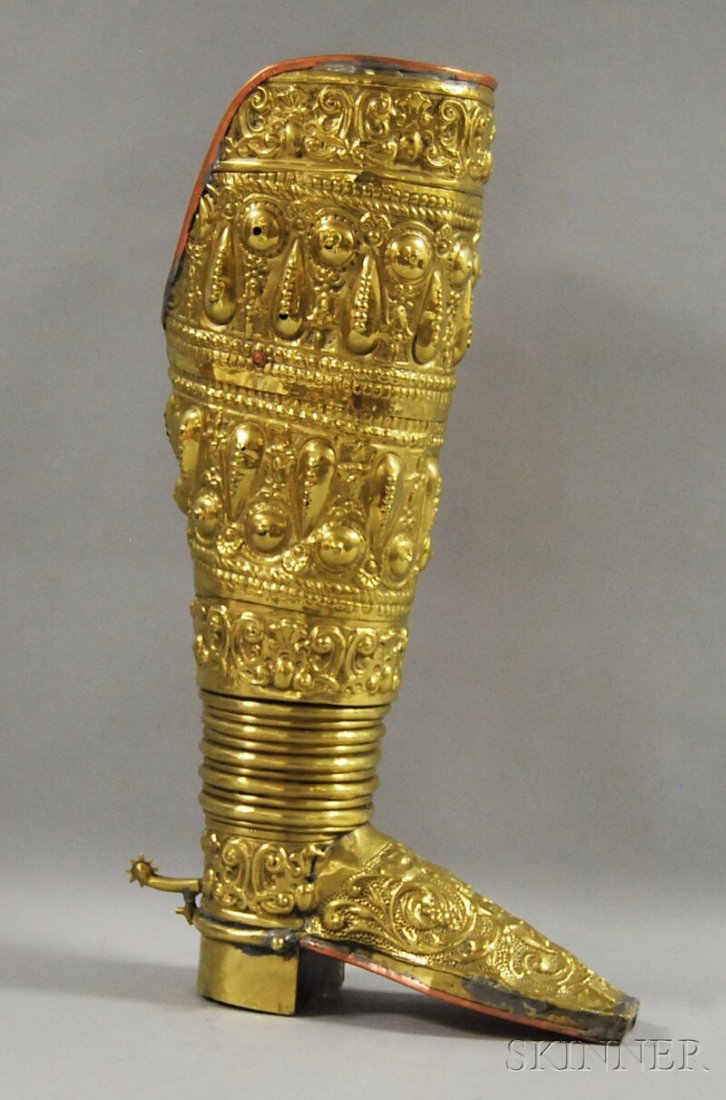 Continental Brass Repousse Boot, with spur and a copper: Continental Brass Repousse Boot, with spur and a copper rim and foot, impressed to back of heel "DEPOSE," ht. 25 1/2 in.