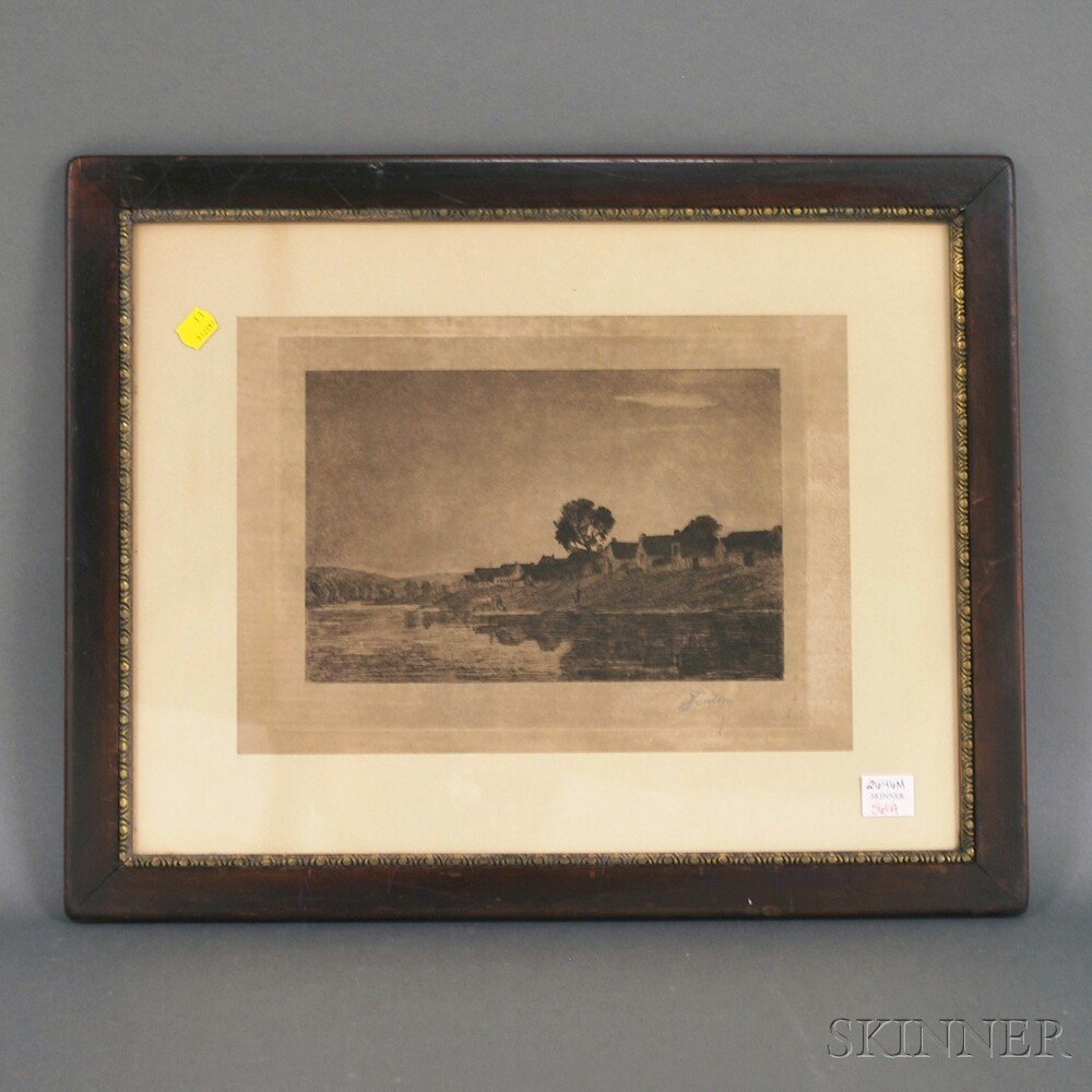 Continental School, 19th Century Riverside Village. Sig: Continental School, 19th Century Riverside Village. Signed or inscribed "Focillon" in pencil l.r. Etching on paper, sheet size 9 1/2 x 13 3/8 in., framed. Condition: Toning, possibly laid down, not ex