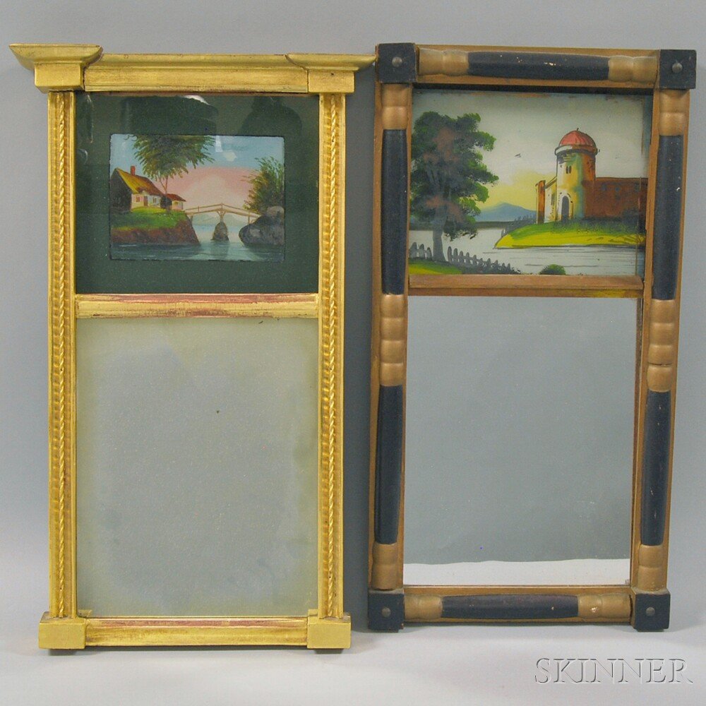 Two Mirrors with Reverse-painted Tablets, a Federal-sty: Two Mirrors with Reverse-painted Tablets, a Federal-style giltwood tabernacle mirror, the tablet depicting a cottage beside a mountain lake; and a split-baluster mirror, the tablet depicting a church 