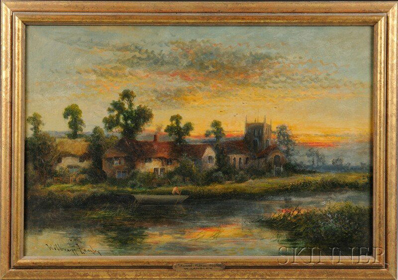 William Langley (British, fl. 1880-1920) Riverside Land: William Langley (British, fl. 1880-1920) Riverside Landscape at Sunset. Signed l.l. Oil on canvas, sight size 19 1/2 x 29 1/4 in., framed. Condition: Minor surface grime.