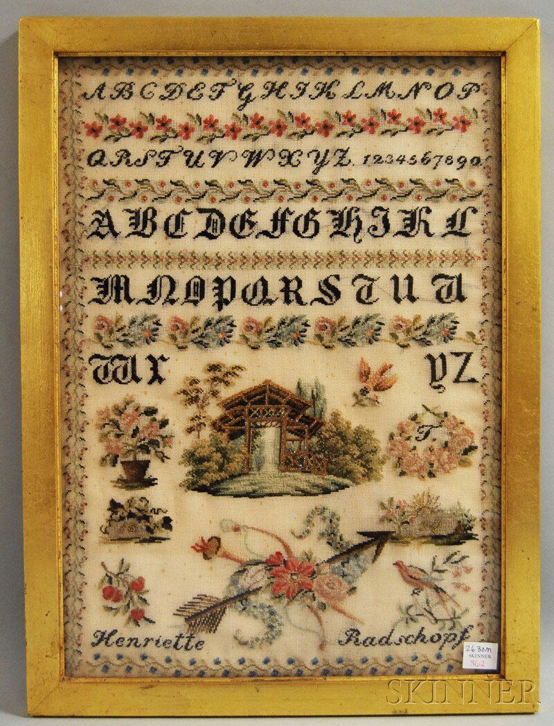 Framed Victorian Henriette Radschopf Needlework Sampler: Framed Victorian Henriette Radschopf Needlework Sampler, sight size 20 1/4 x 14 1/4 in.