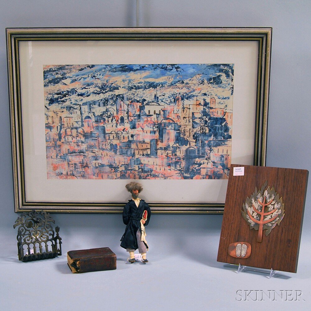 Five Judaic Items, a Mexican mixed-metal plaque, Mexica: Five Judaic Items, a Mexican mixed-metal plaque, Mexican sterling marks and eagle mark no. 1 to back, a small leather-bound volume in Hebrew, a Moroccan-type cast metal menorah, a Hassidic figure, and