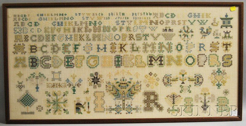 Framed European Needlework Sampler, sight size 17 1/4 x: Framed European Needlework Sampler, sight size 17 1/4 x 35 3/4 in.