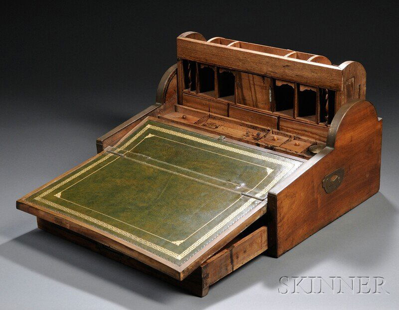 Brass-bound Roll-top Lap Desk, brass hardware, with pop: Brass-bound Roll-top Lap Desk, brass hardware, with pop-up storage compartment, a fold-open inset tooled and gilt leather writing surface, an inset pen rest, three lidded compartments, and an glass in