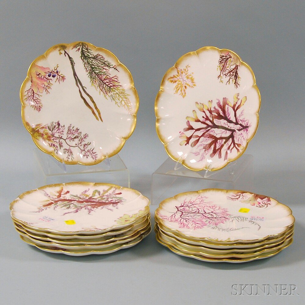 Twelve Hand-painted Seaweed-decorated Lobed Plates, by: Twelve Hand-painted Seaweed-decorated Lobed Plates, by George Jones & Sons, England, dia. 8 7/8 in.