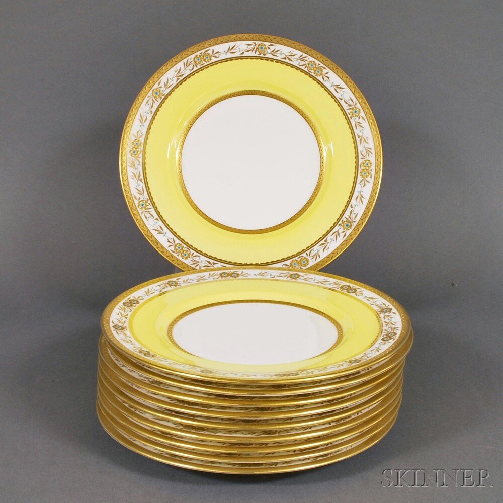 Set of Ten Mintons Porcelain Yellow, Floral Turquoise,: Set of Ten Mintons Porcelain Yellow, Floral Turquoise, and Gilt Rimmed Dinner Plates pattern no. "P.A. 727," dia. 10 1/4 in.