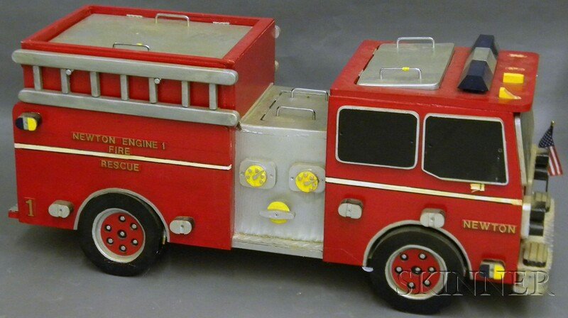 Large Modern Scratch-built Painted Wood Fire Truck, som: Large Modern Scratch-built Painted Wood Fire Truck, some metal details, approx. ht. 25 3/4, lg. 59 in.