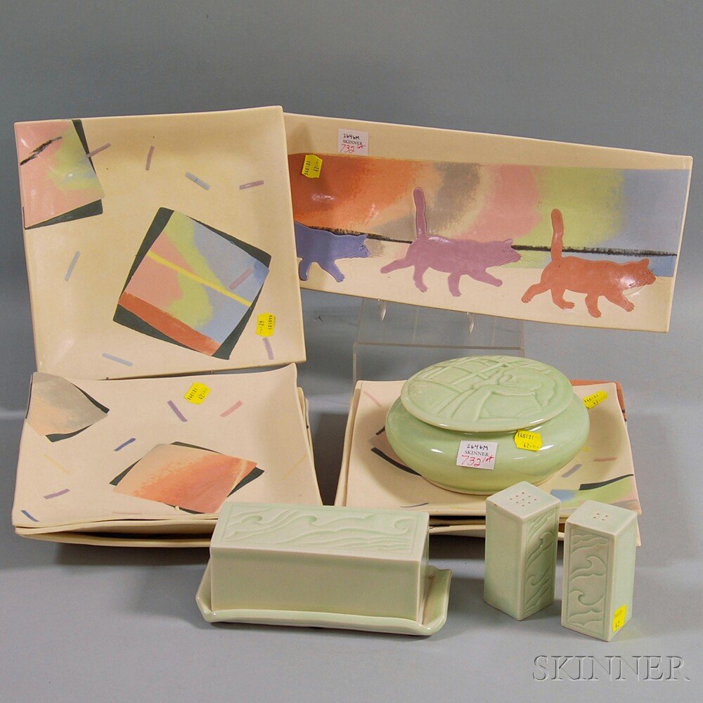 Group of Contemporary Ceramic Tableware, four S. Kaytis: Group of Contemporary Ceramic Tableware, four S. Kaytis pale celadon-glazed items: a pair of salt and pepper shakers and a covered butter dish, each with wave decoration, and a covered bowl with figur