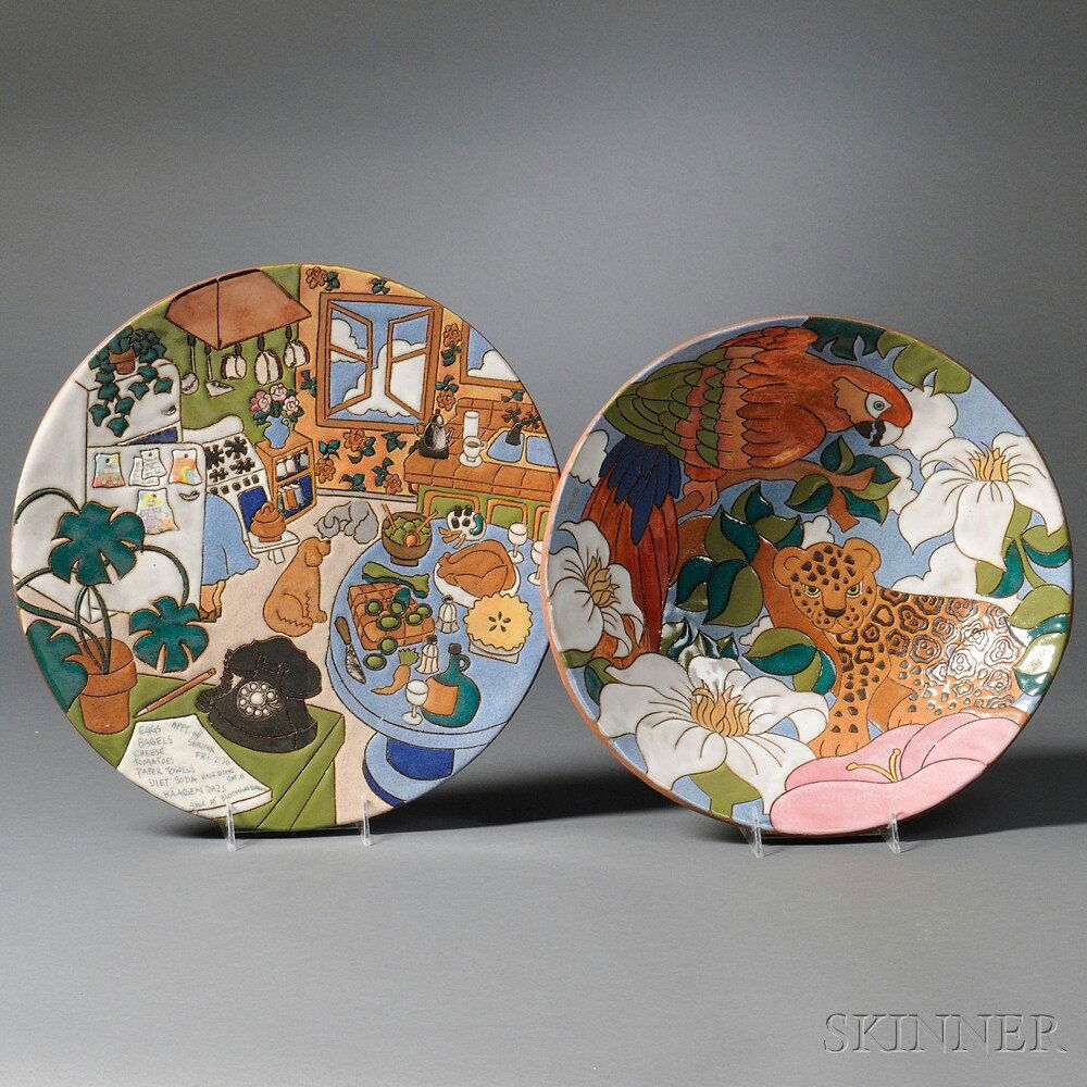 Two Judy Miller Glazed Earthenware Items, 1982, a tropi: Two Judy Miller Glazed Earthenware Items, 1982, a tropical-themed bowl with a leopard, a parrot, and flowers, ht. 3 1/4, dia. 14, and a wall plaque or platter with a view of a kitchen, dia. 14 5/8 in.