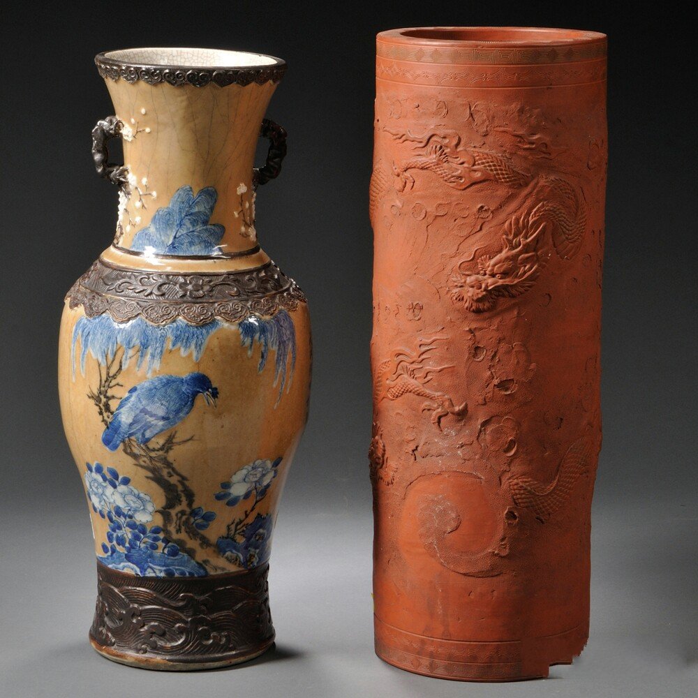 Two Pottery Items, Asia, a cylindrical bizan-ware: Two Pottery Items, Asia, a cylindrical bizan-ware umbrella stand with molded dragon motif, ht. 23 3/4, and a baluster vase with faux bronze decoration and blue and white depiction of birds and flowers