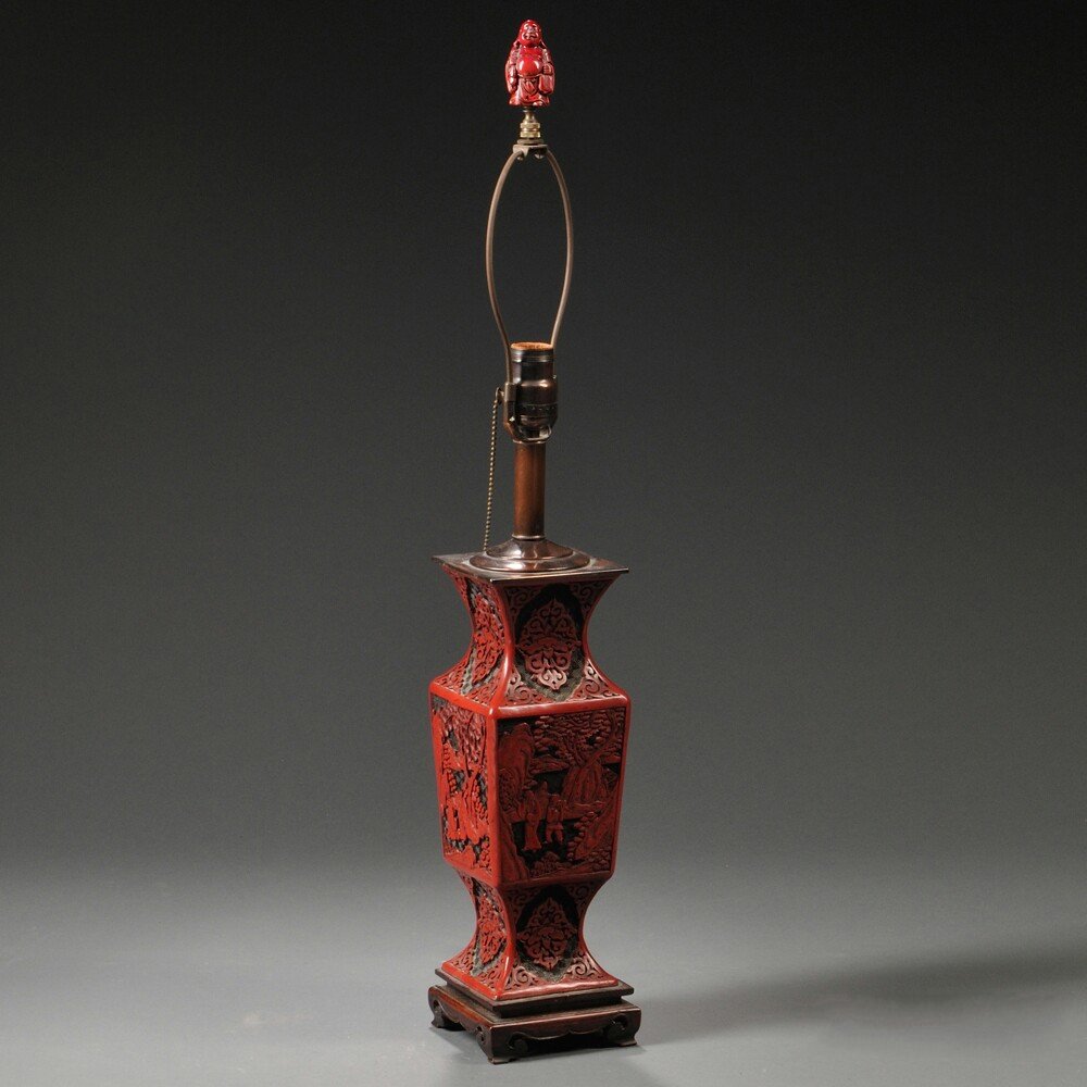 Faux Cinnabar Vase Mounted as a Lamp, China, square gu: Faux Cinnabar Vase Mounted as a Lamp, China, square gu shape, with lotus decoration and figural landscape scenes, ht. 12 1/4 in.