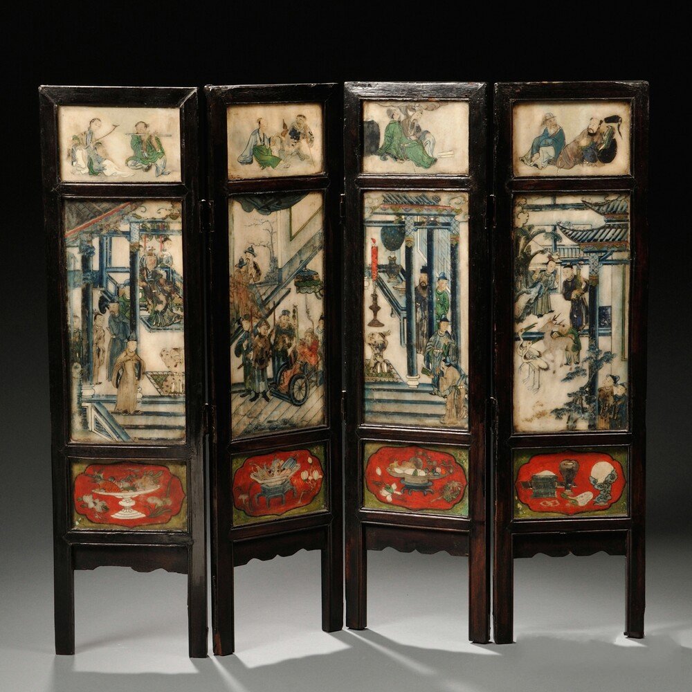 Four-panel Stone Table Screen, China, 19th/20th: Four-panel Stone Table Screen, China, 19th/20th century, each panel divided in three sections, depicting Daoist scenes with figures on the front and landscapes on the back, ht. 29, each panel wd. 7 7/
