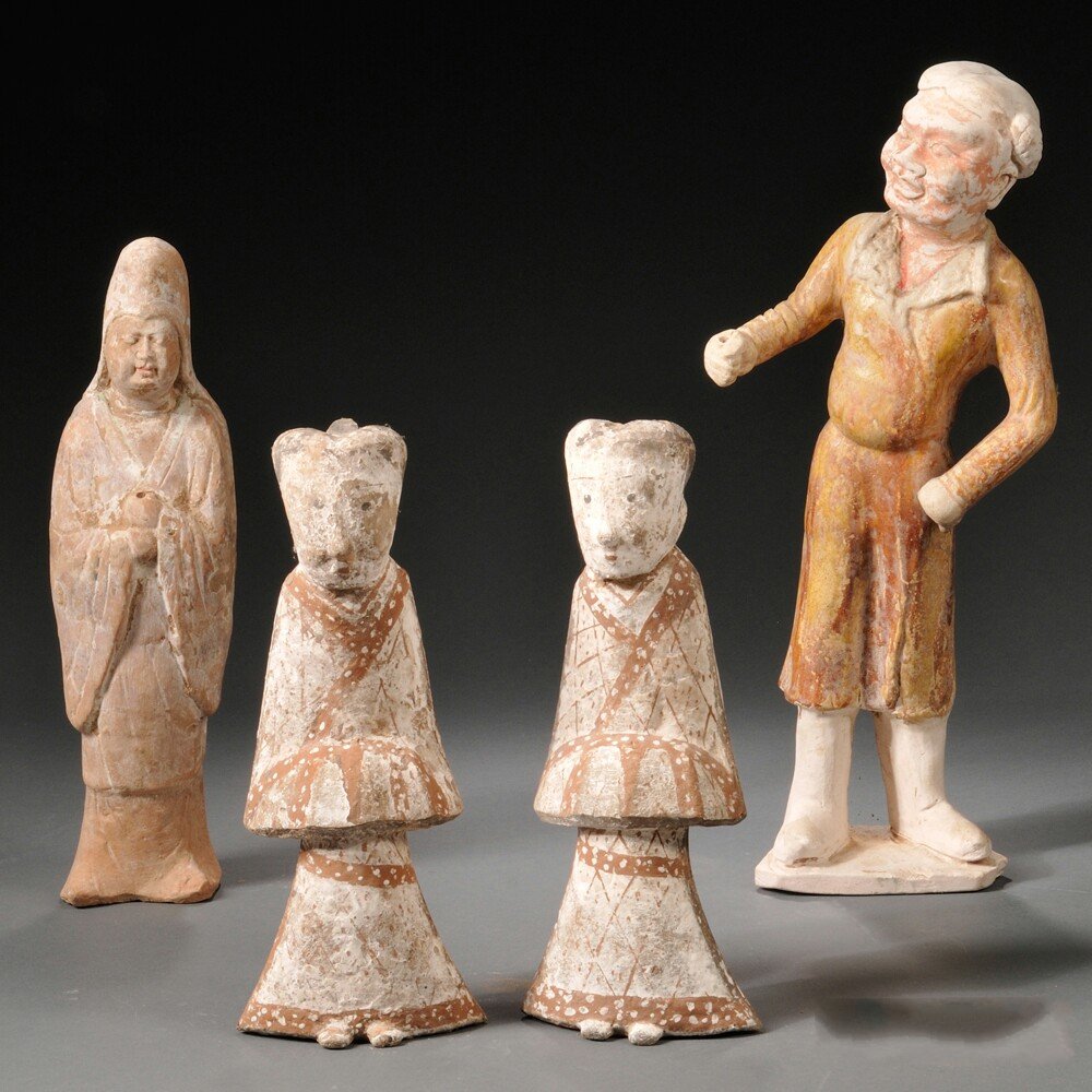 Four Painted Earthenware Figures, China, a man in: Four Painted Earthenware Figures, China, a man in Western outfit, partially glazed; a noble woman with a long scarf on her head; and two figures in traditional dress, ht. to 16 3/4 in.