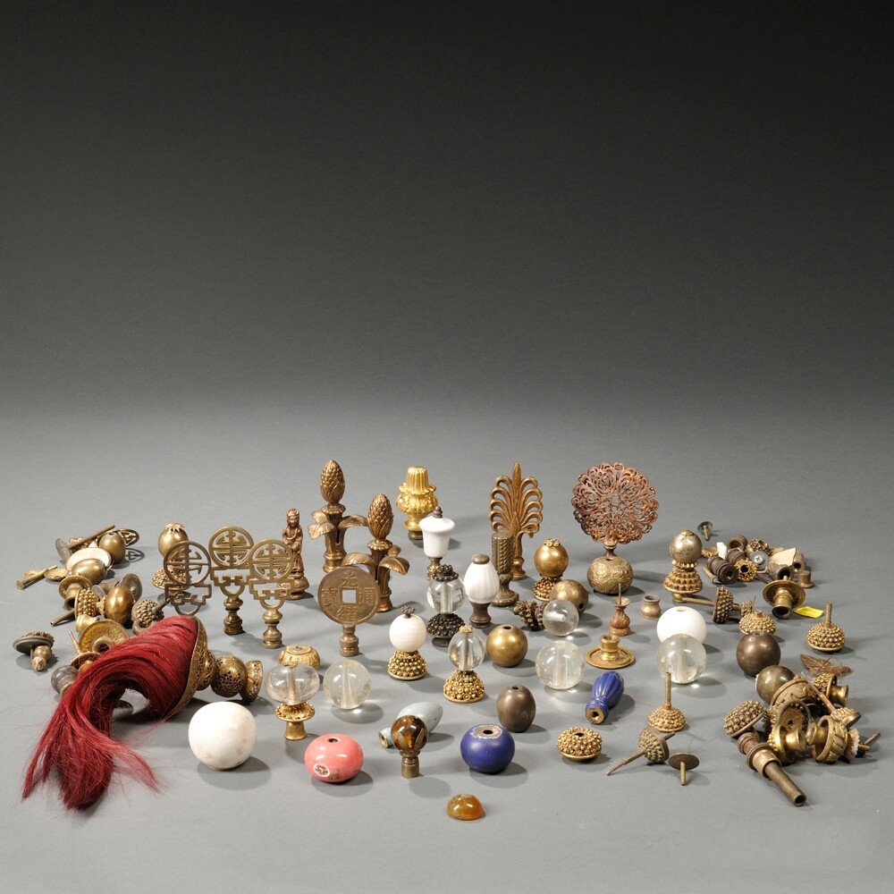 Assorted Hat Finials and Surknobs, China, of various: Assorted Hat Finials and Surknobs, China, of various materials, including glass, metal, porcelain, and horsehair.