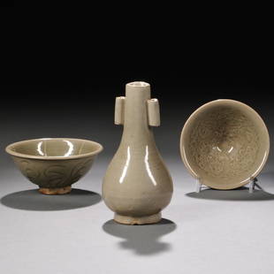 Three Yaozhou Celadon Items, China, Song Dynasty style,: Three Yaozhou Celadon Items, China, Song Dynasty style, a conical bowl, the interior decorated with incised flowers, and a gray-green glaze; a bowl with incised flowers on the exterior, the interior