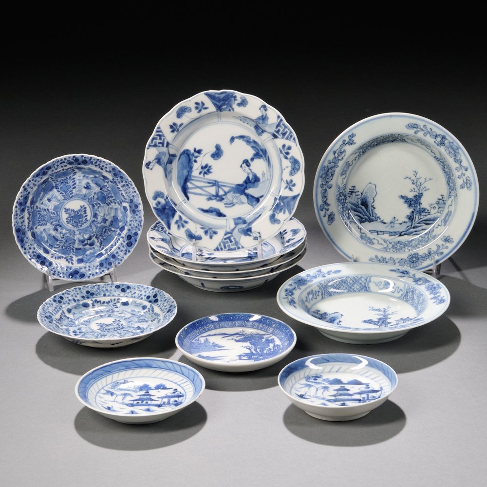 Eleven Blue and White Tableware Items, China, mostly: Eleven Blue and White Tableware Items, China, mostly Qing Dynasty, a set of four small plates with scalloped rims, each decorated with a central roundel depicting a lady seated in a garden, encircled 