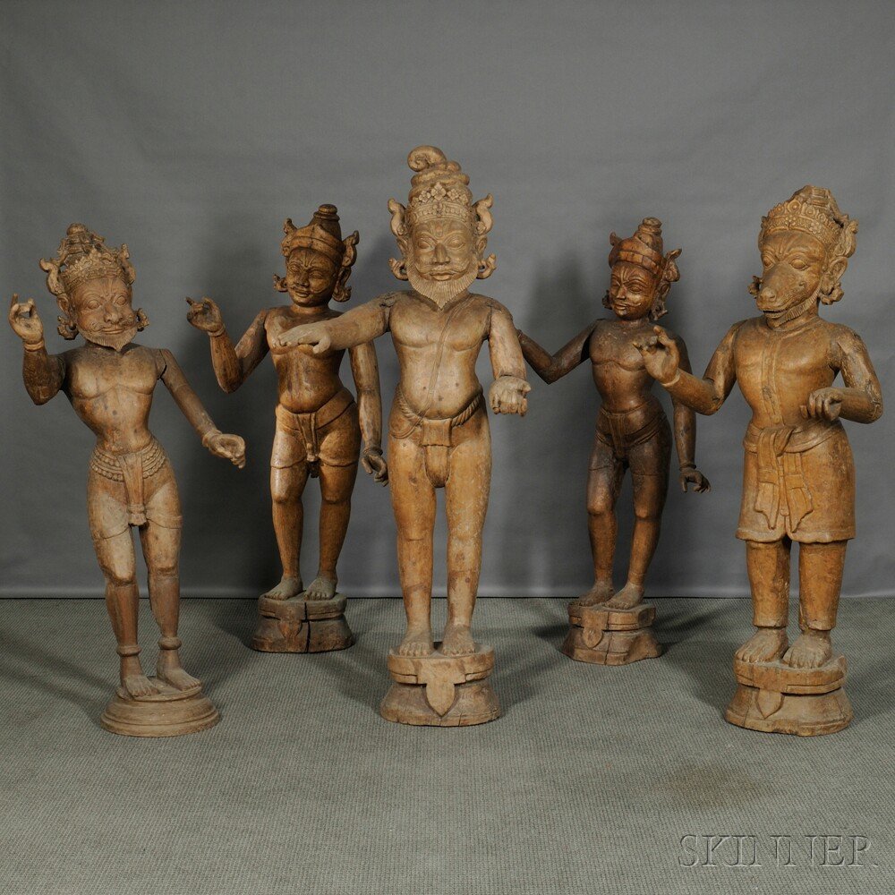 Five Monumental Figural Architectural Elements,: Five Monumental Figural Architectural Elements, Southeast Asia, each depicted standing with raised arms on a circular pedestal, ht. to 68, wd. to 32 in.