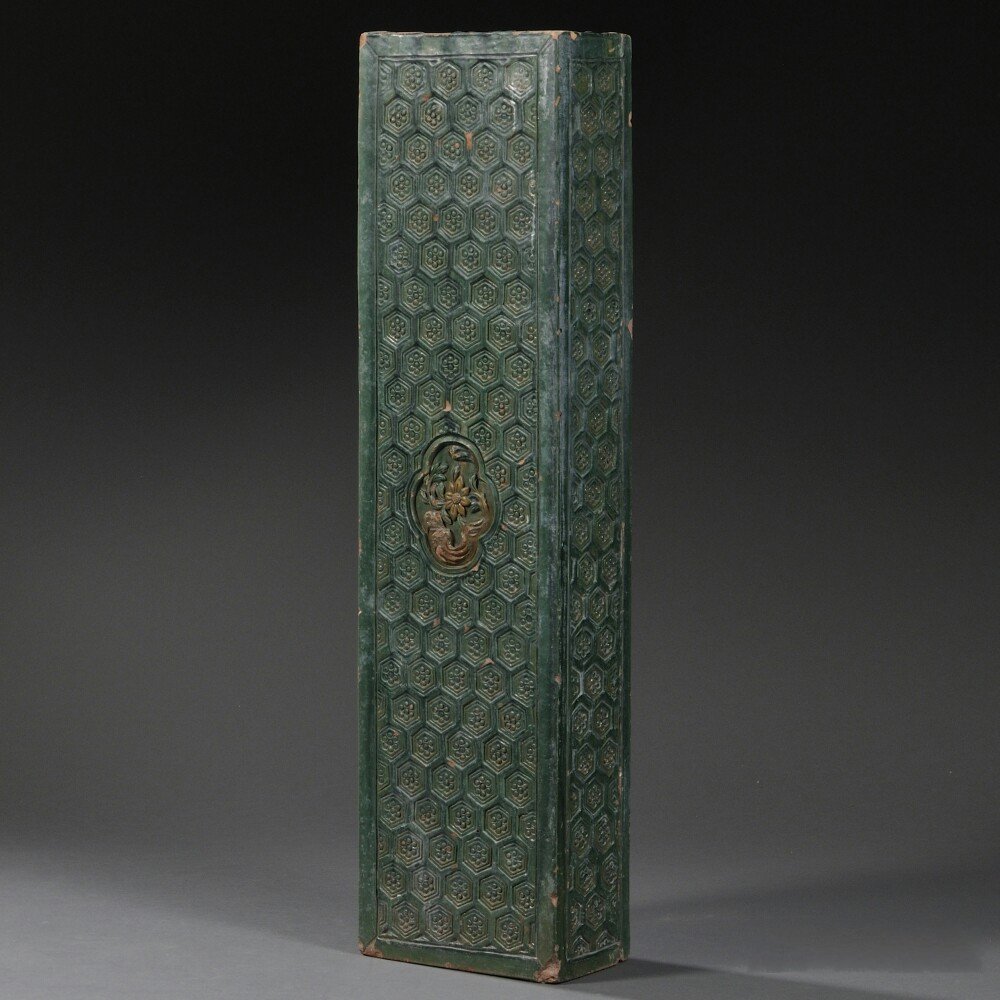 Ceramic Architectural Element, China, Ming style,: Ceramic Architectural Element, China, Ming style, hollow molded pottery with green glaze, front and two sides with repeated hexagonal-shapes, centered on front a cartouche with a floral motif, ht. 36,