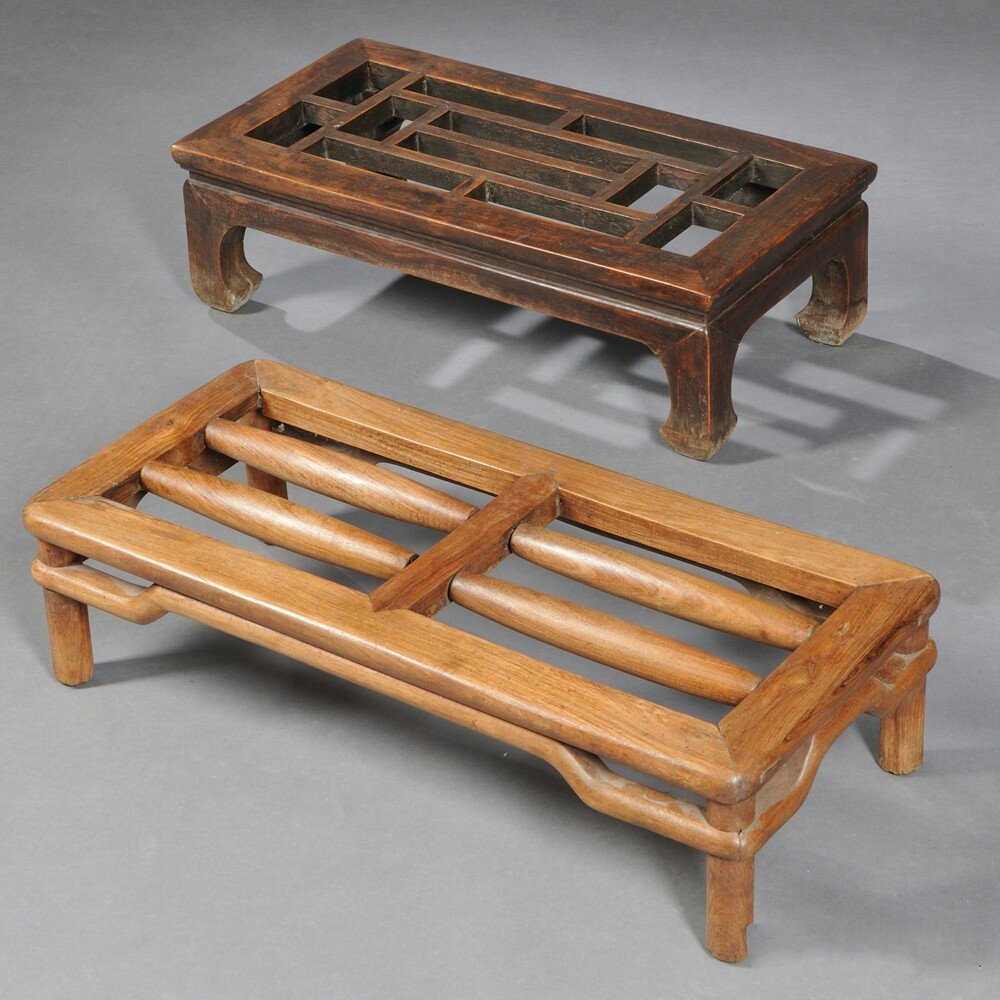 Footrest with Rollers and a Step Stool, China,: Footrest with Rollers and a Step Stool, China, 19th/20th century, hardwoods, footrest with top frame with curved edge divided by central stretcher set on either side with two cylindrical rollers, "wra