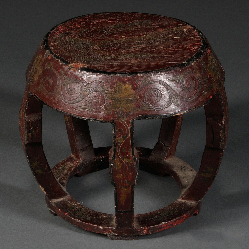 Red Lacquered Drum Stool, China, incised and polychrome: Red Lacquered Drum Stool, China, incised and polychrome floral decoration with landscape scene on top, dia. 10 1/2, ht. 10 1/4 in.