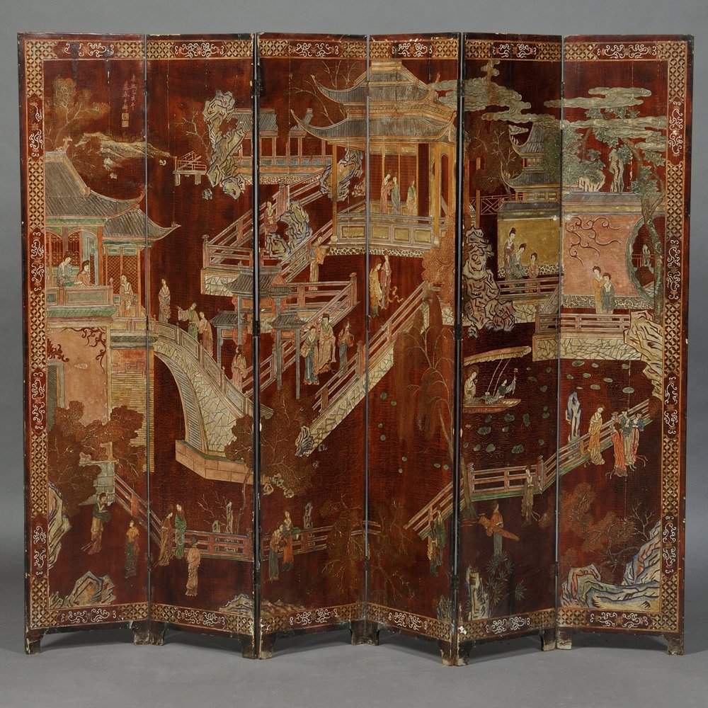 Six-panel Coromandel Screen, China, 19th century,: Six-panel Coromandel Screen, China, 19th century, lacquer on wood, depicts a garden scene in late spring, inscription, the back decorated with flowers and birds, each panel 70 1/2 x 14 1/2 x 1/2 in.