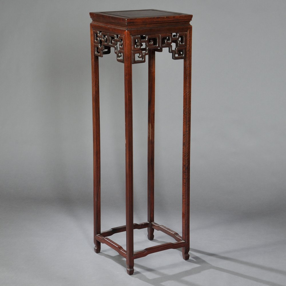 Tall Square Stand, China, 20th century, hardwood, top: Tall Square Stand, China, 20th century, hardwood, top panel set in frame with "ice plate" edge, beaded apron, openwork scroll spandrels, square beaded legs ending in hoof feet, humpback base stretcher