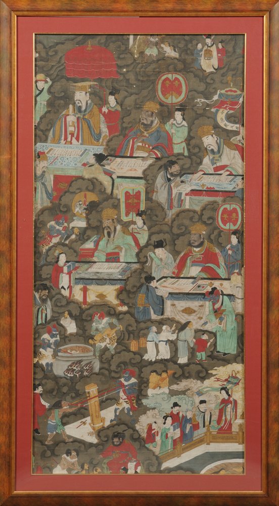 Painting Depicting a Buddhist Purgatory, China,: Painting Depicting a Buddhist Purgatory, China, 19th/20th century, with one of the Ten Kings of Hell presiding, along with his vassals including judge officials recording sins and animal-head wardens