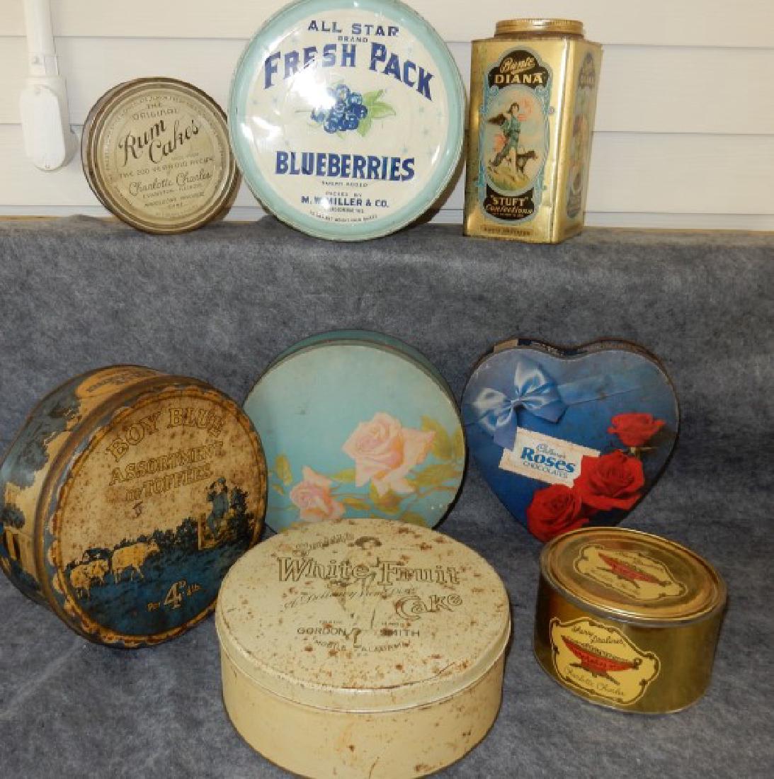 Tins: Collectible tins & boxes: 8 "Stuft" Confections, Charlotte Charles Run Cakes, Blue Boy Toffees, Sherry Pralines, Cadbury's Roses, Smith's White Fruit Cake, All Star Fresh Pack Blueberries