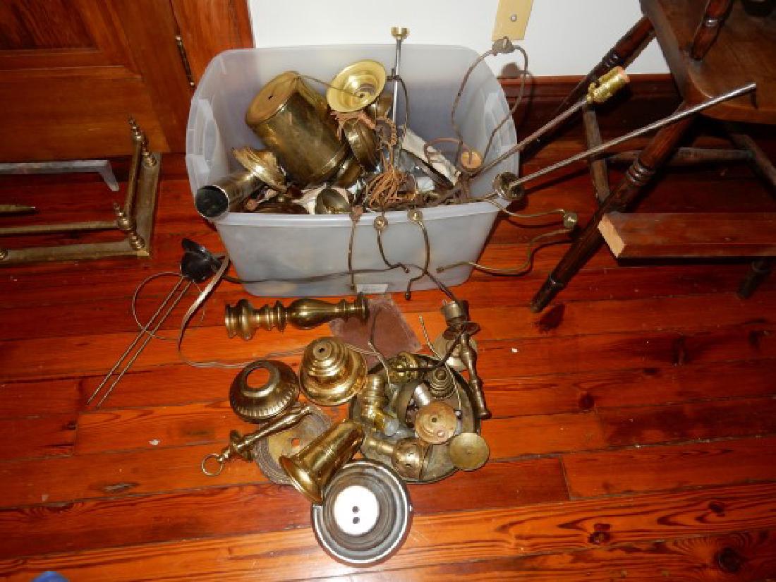 Lighting: Large amount of brass lamp parts: sockets, cords, bases, candle holders, harps