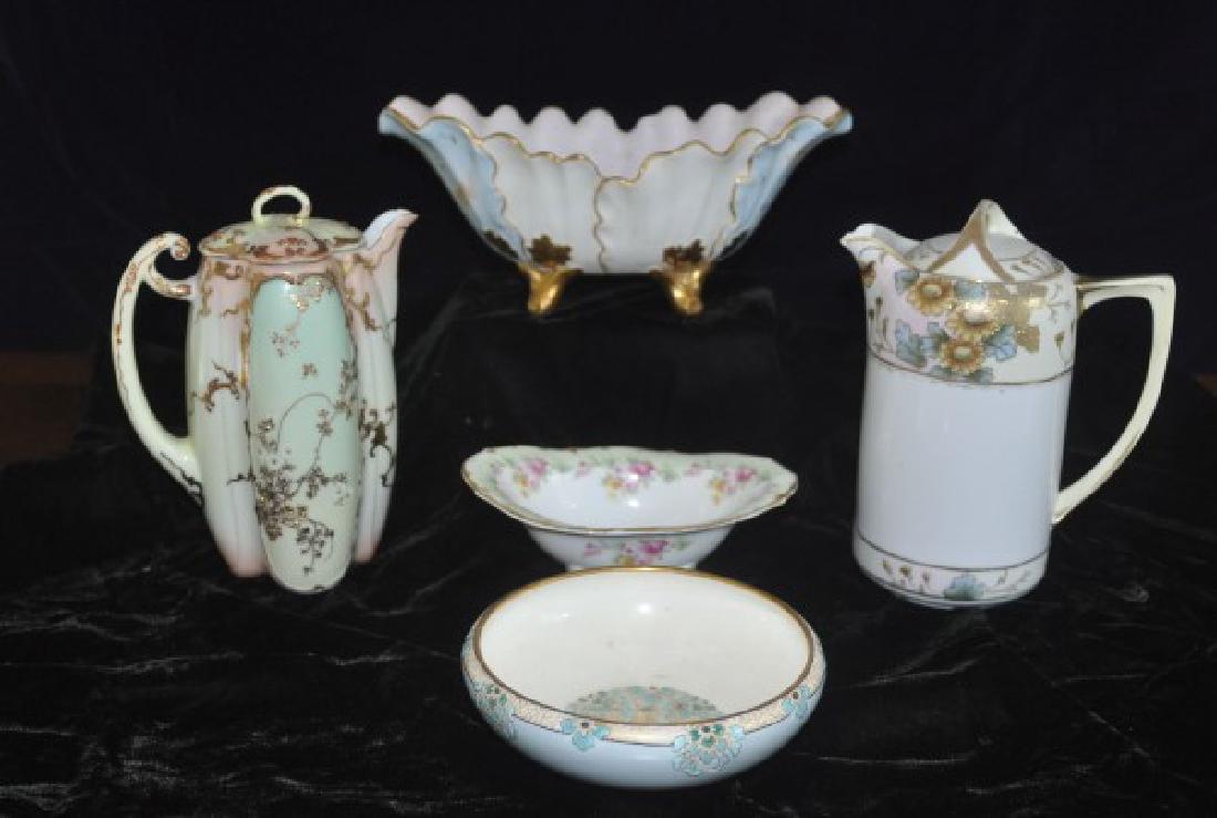 Porcelain: Hand painted porcelain: 2 chocolate pots, 1 Nippon (small chip on spout), 3 bowls, Limoges