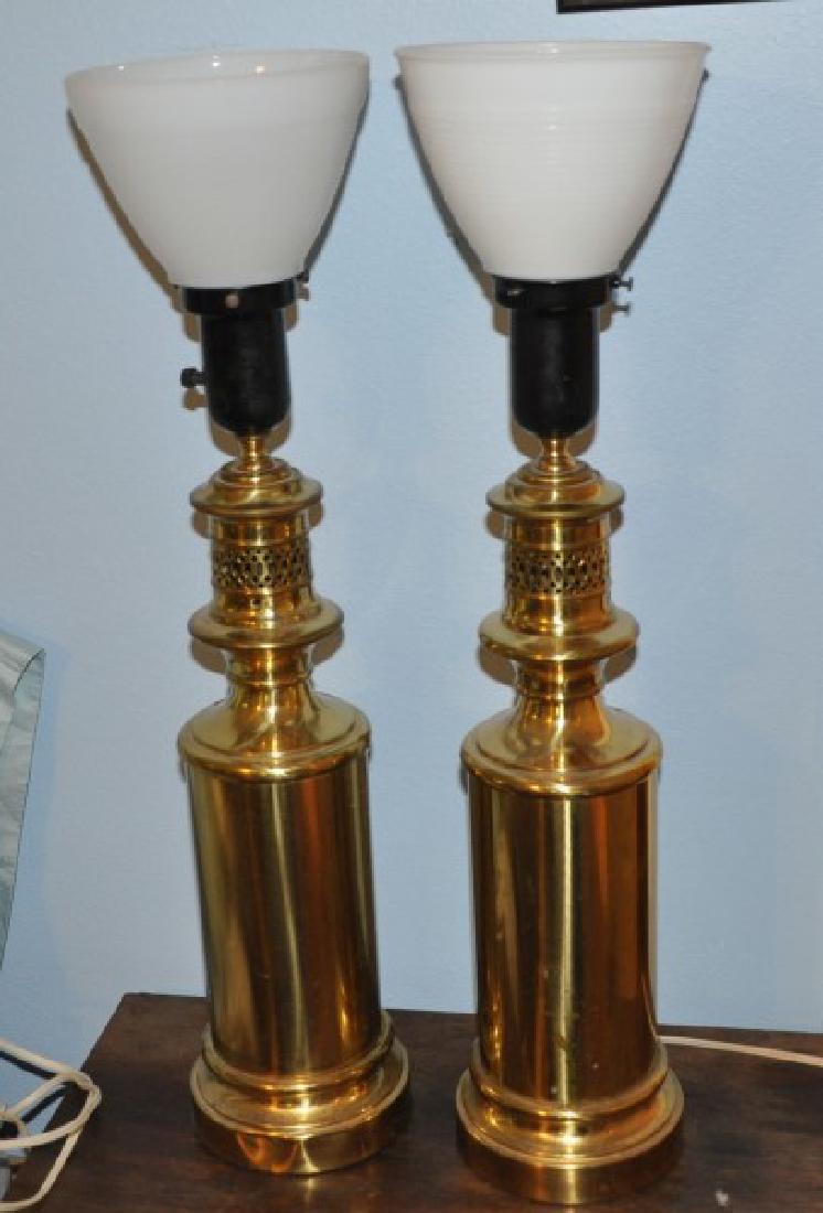 Lighting: Pair of brass lamps, glass shades 24" h., 20th century