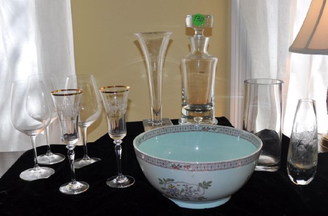 Crystal: Krosno decanter, William Yeoward vase, 2 champagnes, 3 red wine glasses by Reidel, 2 vases, porcelain bowl by Adams "Singapore Bird"