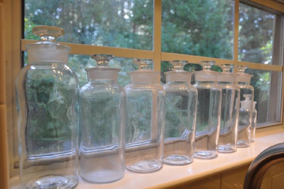 Household: 8 covered apothecary jars by Wyeth Co. 9 1/2" h-5" h.