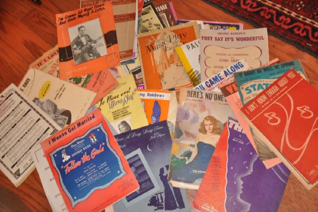 Music: Large assortment of sheet music: Mills Bros. Carousel, The Monkeys, The Harvey Girls, Annie Get Your Gun, Laura, I'm Always Chasing Rainbows, There's No One But You, Ziegfeld Follies, State Fair, The 