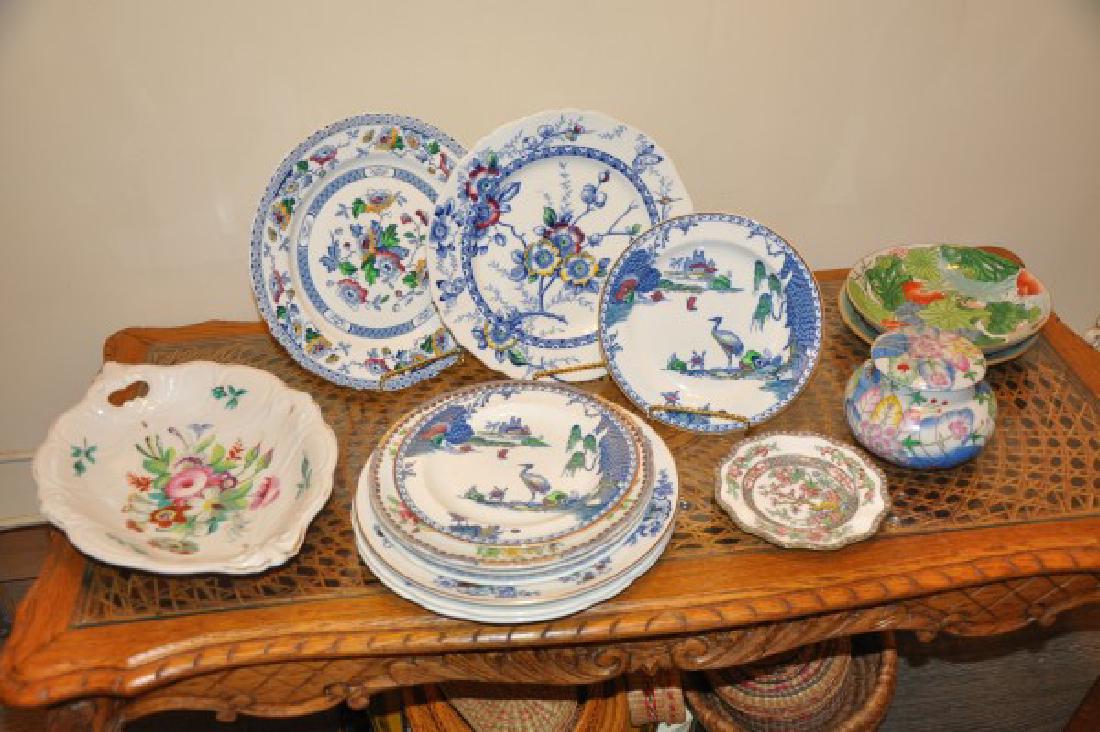 Porcelain: 15 pieces of porcelain: Copeland "Old Bow" (2), Masons "Regency (1), Copeland (3), Windson "Dude" (2), Burslem "Wood" (2), Meakin