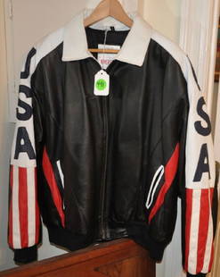 Men's Clothing: Leather jacket "USA" and flag, XL, by Michael Hoban "Wheremi"