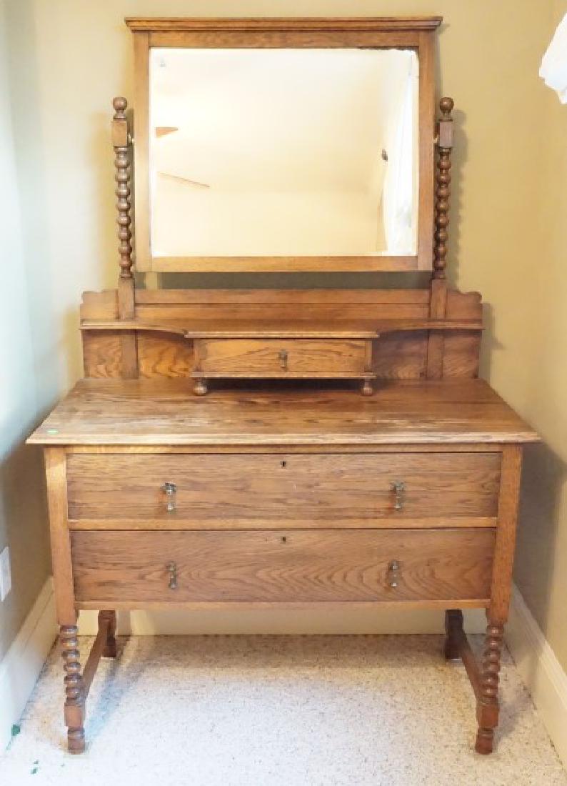 Furniture: Antique oak dresser, barley twist legs with beveled mirror, 2 drawers3'6" l x 7" d x 5'6" h, early 20th century